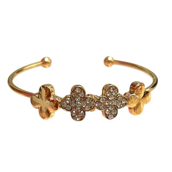 Elegant Four Clover Clear Rhinestone Gold Open Cuff Bracelet - Picture 1 of 3